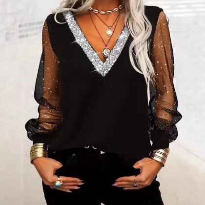 Sequined V-neck Mesh Long-sleeve Casual T-shirt Top