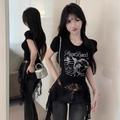 Lace-Panel American Chic Short-Sleeve Womens T-Shirt