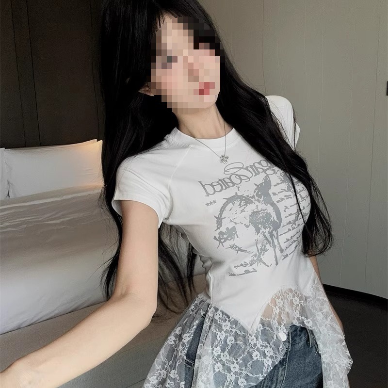 Lace-Panel American Chic Short-Sleeve Womens T-Shirt