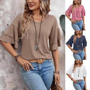 Loose V-neck Ruffle Sleeve T-shirt Fashion Solid Mid-sleeve Tops Women's Clothing