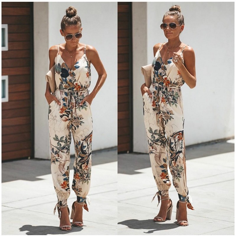 Women's Jumpsuit Flowers Print Spaghetti Strap Romper - Image 5